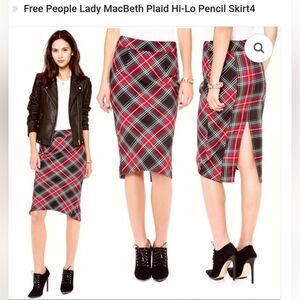 Free People Red Plaid Tartan Pencil Skirt